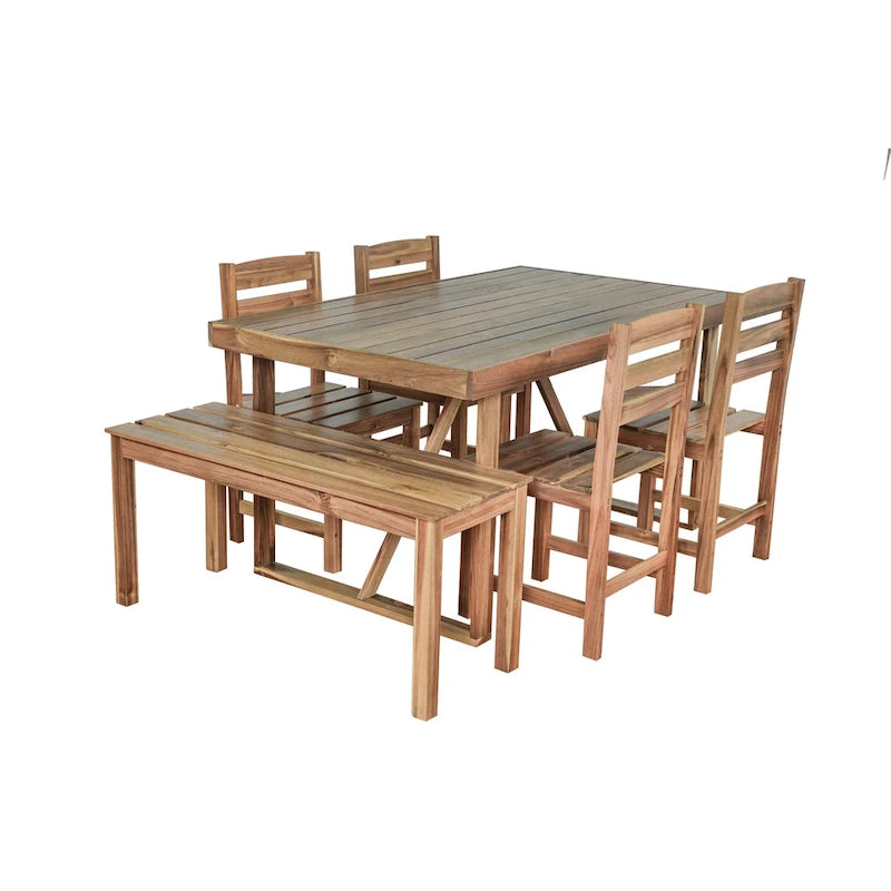 Acacia Wood Outdoor Table and Chair Set with 4 Chairs and Bench, 6 Piece Patio Furniture Suitable for Patio 7 Pieces