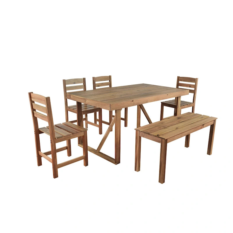 Acacia Wood Outdoor Table and Chair Set with 4 Chairs and Bench, 6 Piece Patio Furniture Suitable for Patio 7 Pieces