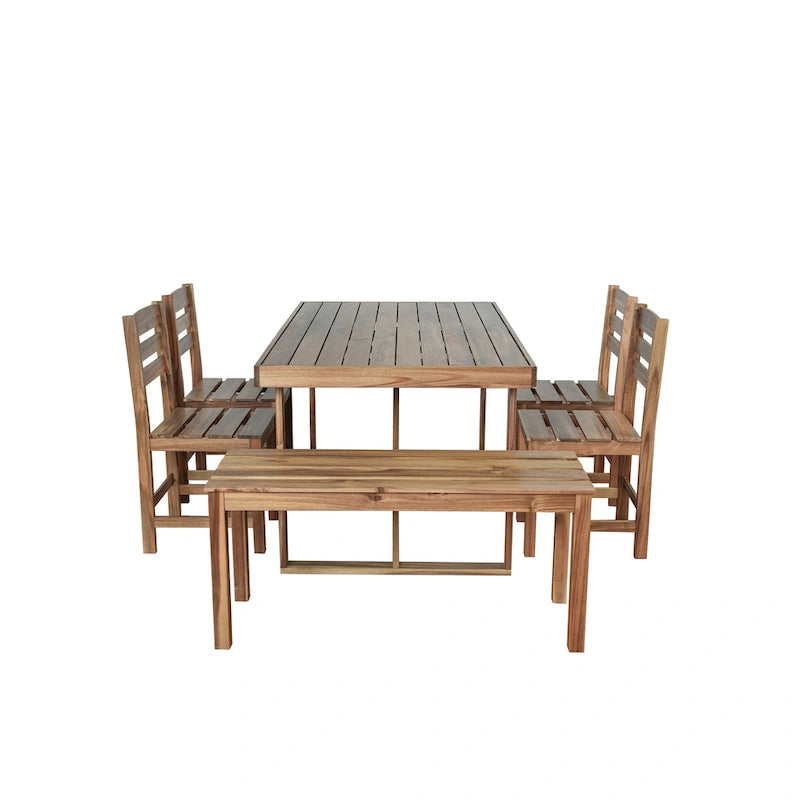 Acacia Wood Outdoor Table and Chair Set with 4 Chairs and Bench, 6 Piece Patio Furniture Suitable for Patio 7 Pieces