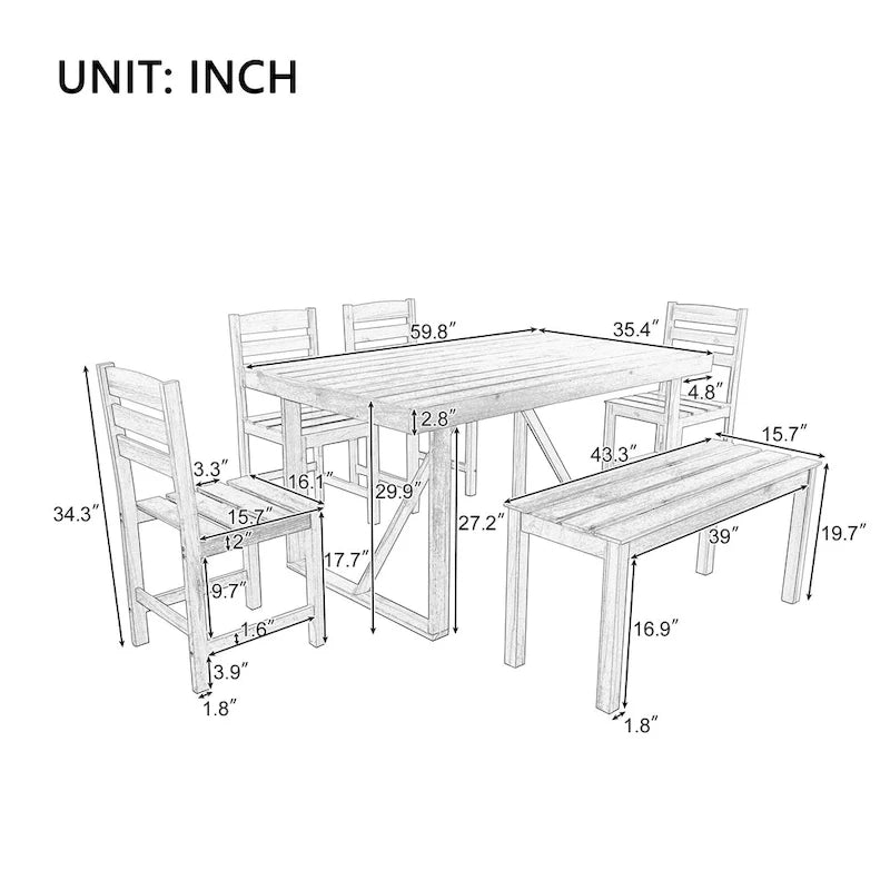 Acacia Wood Outdoor Table and Chair Set with 4 Chairs and Bench, 6 Piece Patio Furniture Suitable for Patio 7 Pieces