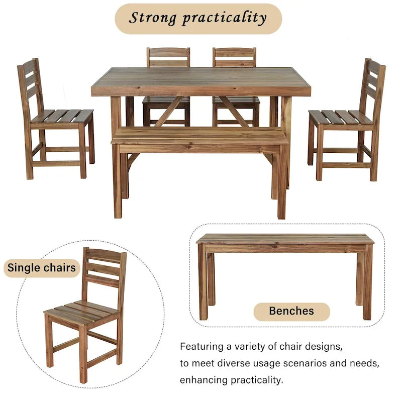 Acacia Wood Outdoor Table and Chair Set with 4 Chairs and Bench, 6 Piece Patio Furniture Suitable for Patio 7 Pieces
