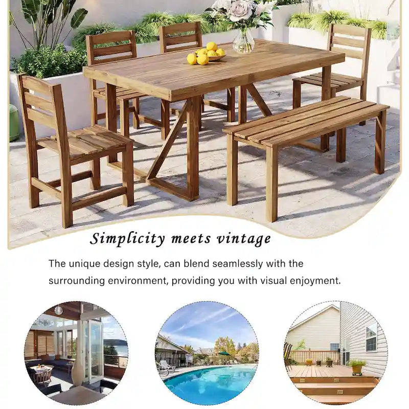 Acacia Wood Outdoor Table and Chair Set with 4 Chairs and Bench, 6 Piece Patio Furniture Suitable for Patio 7 Pieces