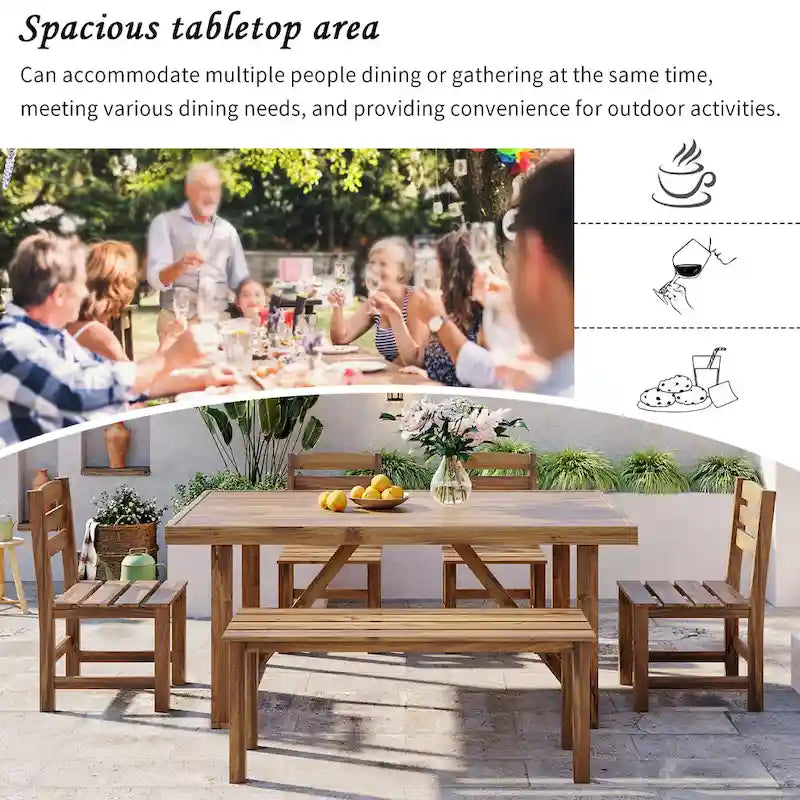 Acacia Wood Outdoor Table and Chair Set with 4 Chairs and Bench, 6 Piece Patio Furniture Suitable for Patio 7 Pieces