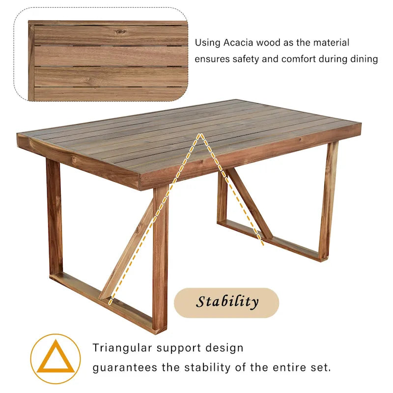 Acacia Wood Outdoor Table and Chair Set with 4 Chairs and Bench, 6 Piece Patio Furniture Suitable for Patio 7 Pieces