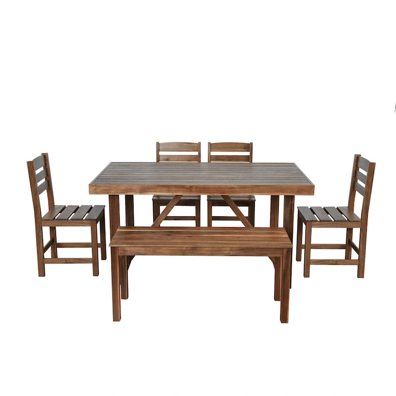 Acacia Wood Outdoor Table and Chair Set with 4 Chairs and Bench, 6 Piece Patio Furniture Suitable for Patio 7 Pieces