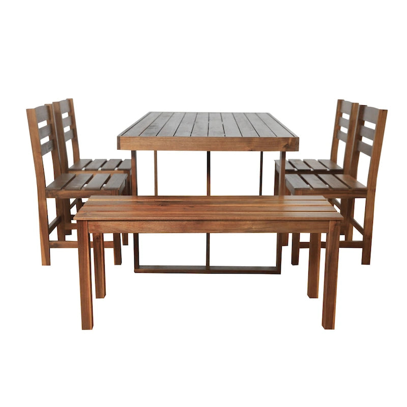 Acacia Wood Outdoor Table and Chair Set with 4 Chairs and Bench, 6 Piece Patio Furniture Suitable for Patio 7 Pieces