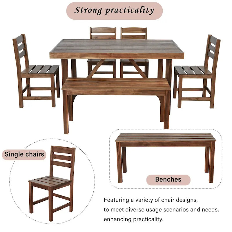 Acacia Wood Outdoor Table and Chair Set with 4 Chairs and Bench, 6 Piece Patio Furniture Suitable for Patio 7 Pieces