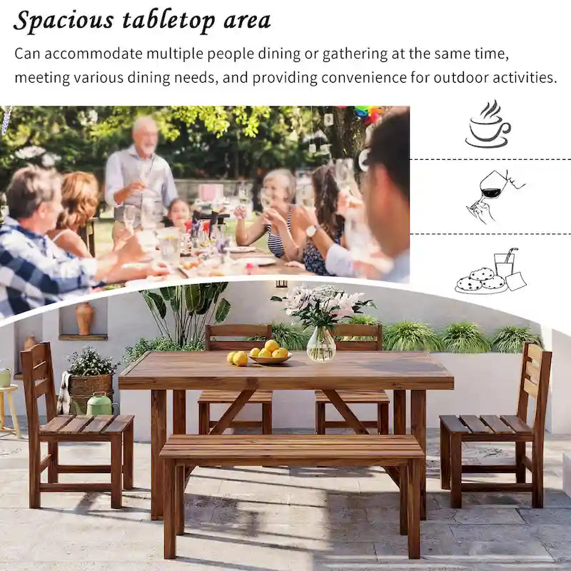 Acacia Wood Outdoor Table and Chair Set with 4 Chairs and Bench, 6 Piece Patio Furniture Suitable for Patio 7 Pieces