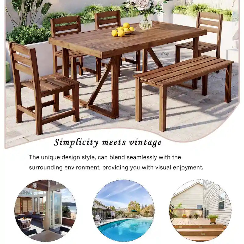 Acacia Wood Outdoor Table and Chair Set with 4 Chairs and Bench, 6 Piece Patio Furniture Suitable for Patio 7 Pieces