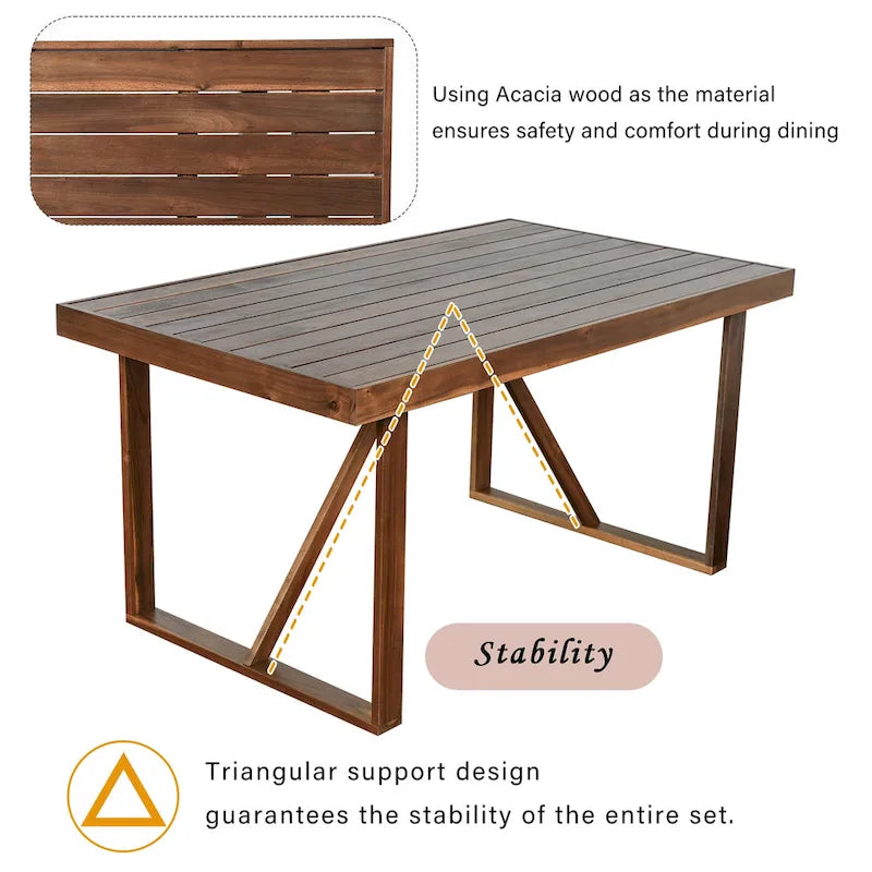 Acacia Wood Outdoor Table and Chair Set with 4 Chairs and Bench, 6 Piece Patio Furniture Suitable for Patio 7 Pieces