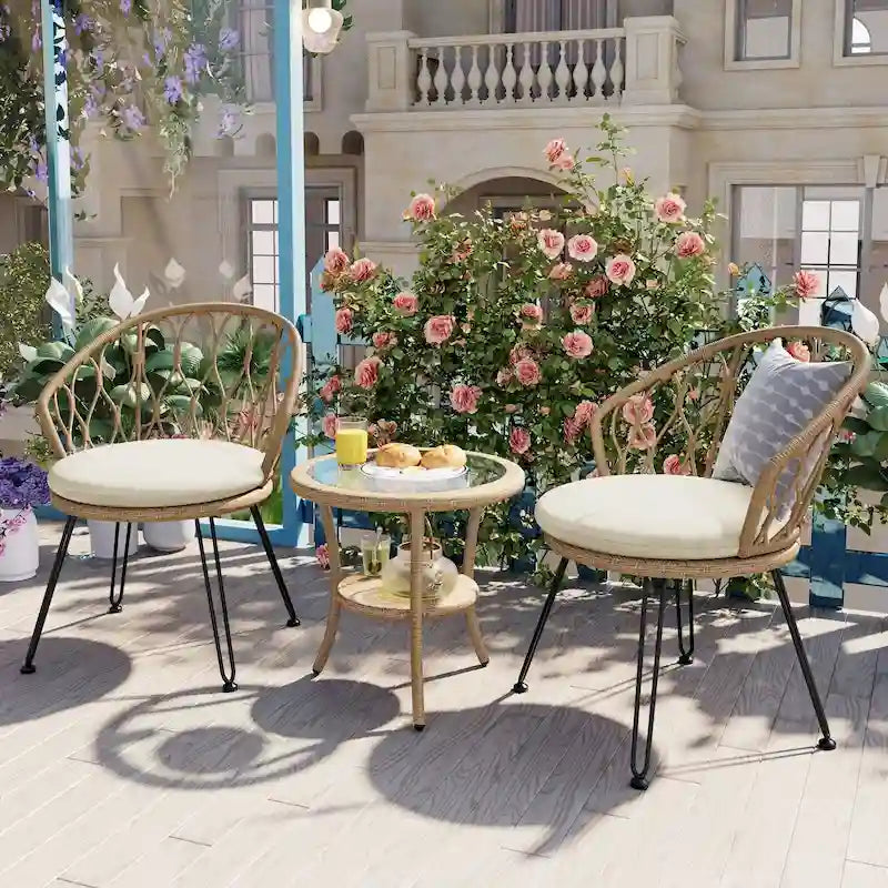 Outdoor Leisure Set, 2 Rattan Single Chairs with A Glass Round Table, Perfectly Suited for Patios, Balconies, and Courtyards