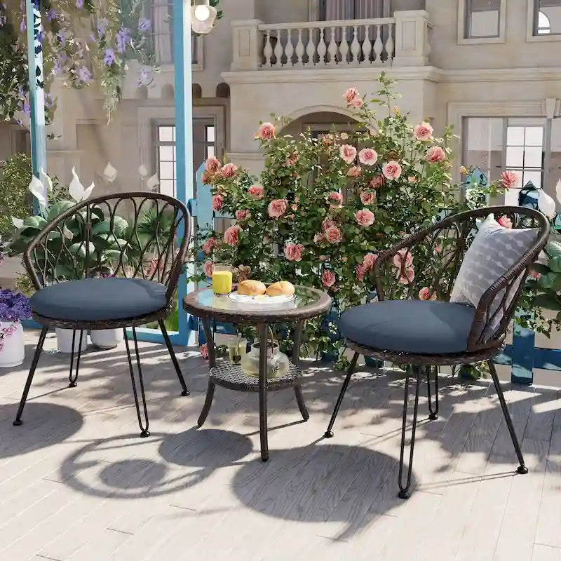 Outdoor Leisure Set, 2 Rattan Single Chairs with A Glass Round Table, Perfectly Suited for Patios, Balconies, and Courtyards