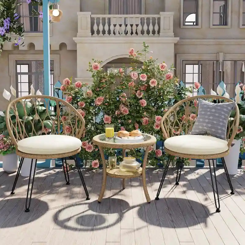 Outdoor Leisure Set, 2 Rattan Single Chairs with A Glass Round Table, Perfectly Suited for Patios, Balconies, and Courtyards