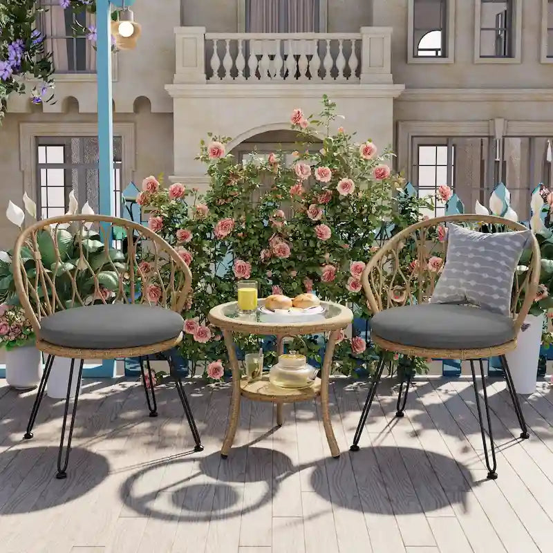 Outdoor Leisure Set, 2 Rattan Single Chairs with A Glass Round Table, Perfectly Suited for Patios, Balconies, and Courtyards