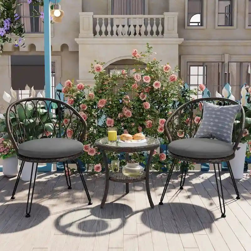 Outdoor Leisure Set, 2 Rattan Single Chairs with A Glass Round Table, Perfectly Suited for Patios, Balconies, and Courtyards