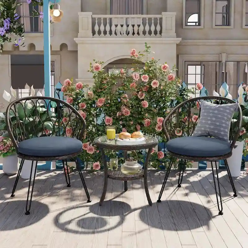 Outdoor Leisure Set, 2 Rattan Single Chairs with A Glass Round Table, Perfectly Suited for Patios, Balconies, and Courtyards