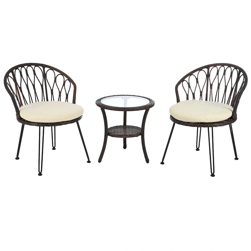 Outdoor Leisure Set, 2 Rattan Single Chairs with A Glass Round Table, Perfectly Suited for Patios, Balconies, and Courtyards