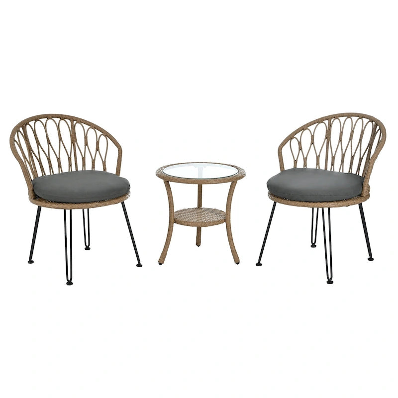 Outdoor Leisure Set, 2 Rattan Single Chairs with A Glass Round Table, Perfectly Suited for Patios, Balconies, and Courtyards