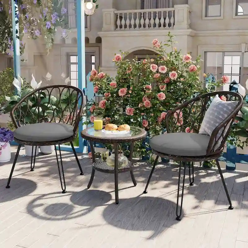 Outdoor Leisure Set, 2 Rattan Single Chairs with A Glass Round Table, Perfectly Suited for Patios, Balconies, and Courtyards