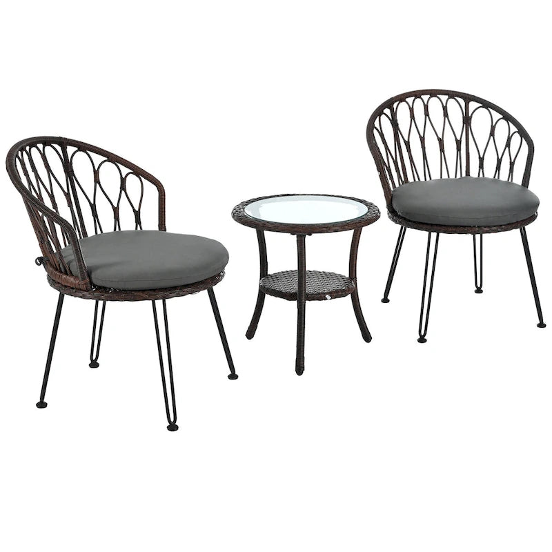 Outdoor Leisure Set, 2 Rattan Single Chairs with A Glass Round Table, Perfectly Suited for Patios, Balconies, and Courtyards