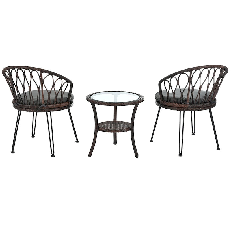 Outdoor Leisure Set, 2 Rattan Single Chairs with A Glass Round Table, Perfectly Suited for Patios, Balconies, and Courtyards