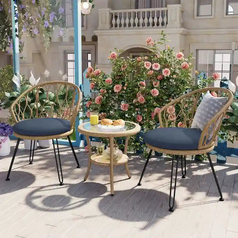 Outdoor Leisure Set, 2 Rattan Single Chairs with A Glass Round Table, Perfectly Suited for Patios, Balconies, and Courtyards