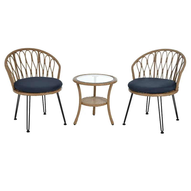 Outdoor Leisure Set, 2 Rattan Single Chairs with A Glass Round Table, Perfectly Suited for Patios, Balconies, and Courtyards