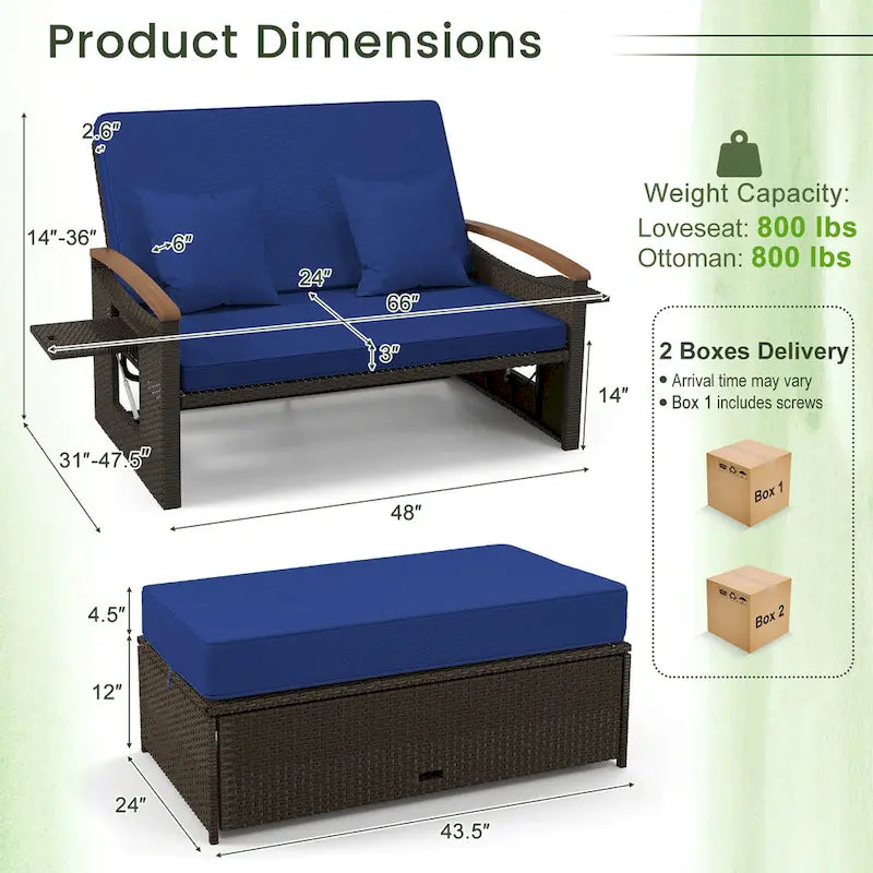 Gymax Outdoor Wicker Daybed Patio Loveseat & Storage Ottoman Set w/