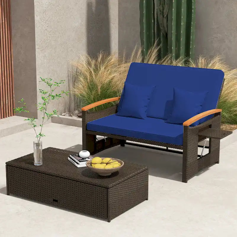 Gymax Outdoor Wicker Daybed Patio Loveseat & Storage Ottoman Set w/