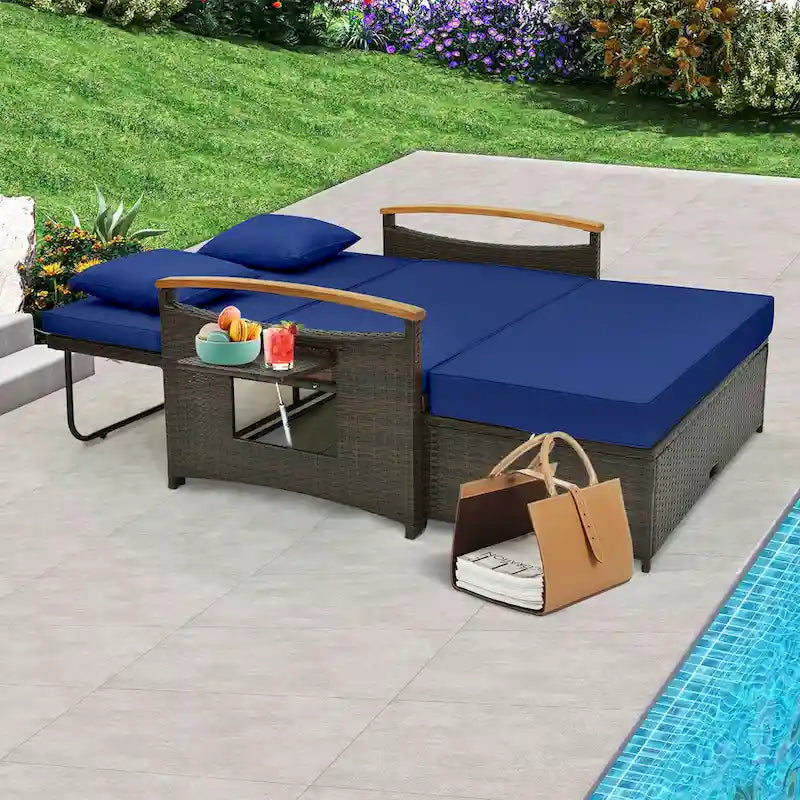 Gymax Outdoor Wicker Daybed Patio Loveseat & Storage Ottoman Set w/