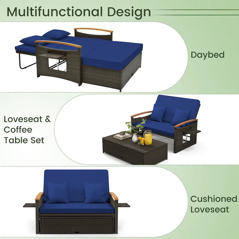 Gymax Outdoor Wicker Daybed Patio Loveseat & Storage Ottoman Set w/