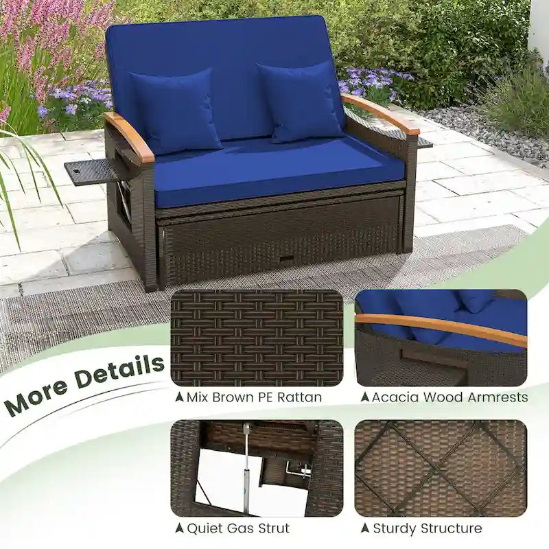 Gymax Outdoor Wicker Daybed Patio Loveseat & Storage Ottoman Set w/