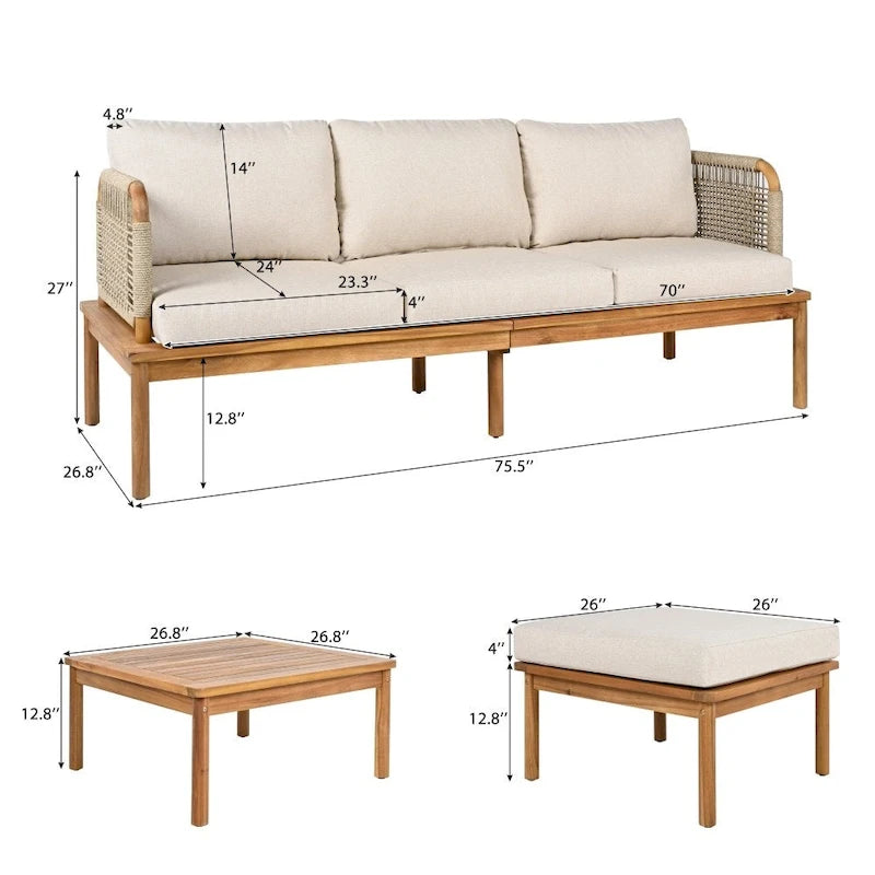 Modern Outdoor 3-piece Acacia Wood Sofa Set with Coffee Table for Patio