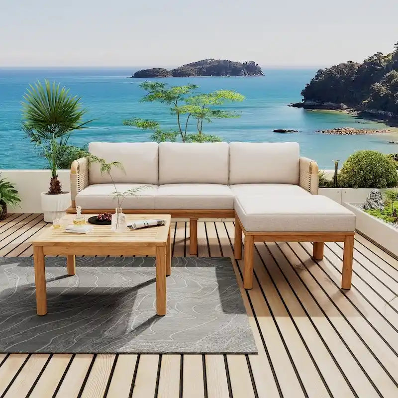 Modern Outdoor 3-piece Acacia Wood Sofa Set with Coffee Table for Patio