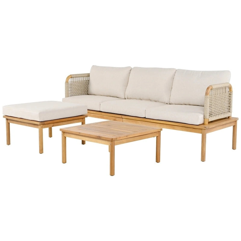 Modern Outdoor 3-piece Acacia Wood Sofa Set with Coffee Table for Patio