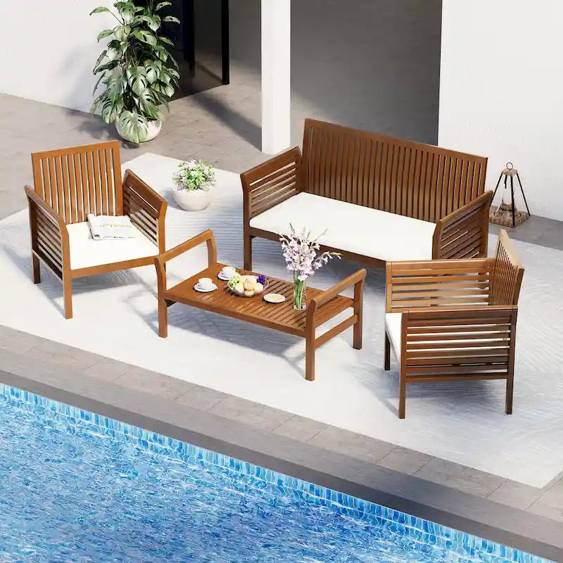 EROMMY 4-Piece Wood Patio Furniture Set with Waterproof Cushions, Outdoor Conversation Set for Garden Backyard Poolside