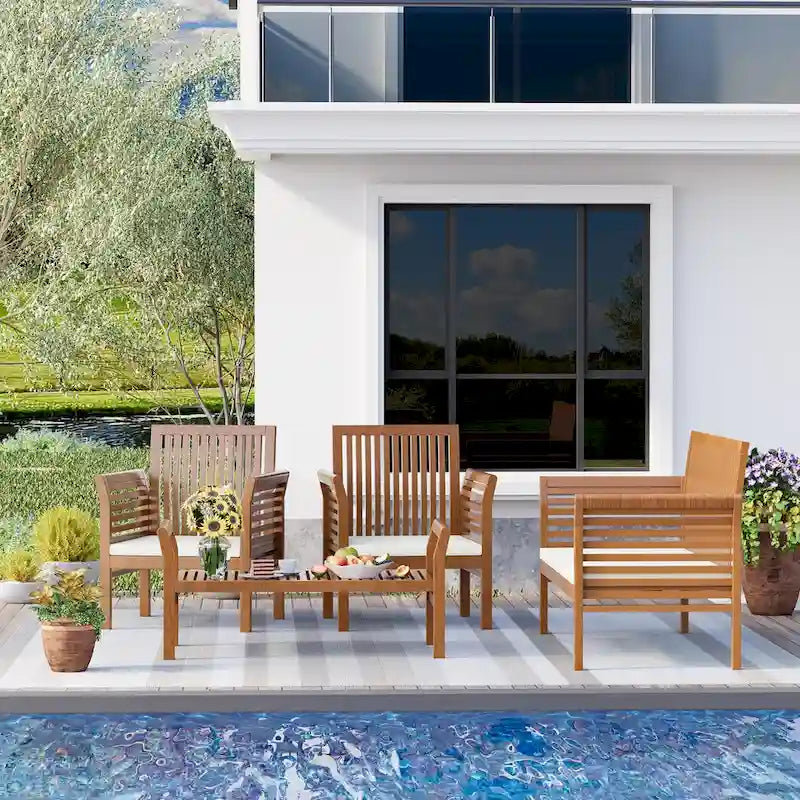EROMMY 4-Piece Wood Patio Furniture Set with Waterproof Cushions, Outdoor Conversation Set for Garden Backyard Poolside