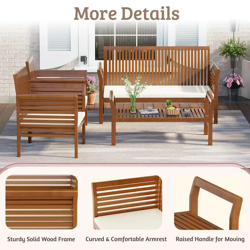 EROMMY 4-Piece Wood Patio Furniture Set with Waterproof Cushions, Outdoor Conversation Set for Garden Backyard Poolside