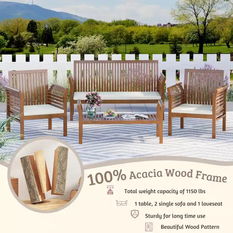 EROMMY 4-Piece Wood Patio Furniture Set with Waterproof Cushions, Outdoor Conversation Set for Garden Backyard Poolside