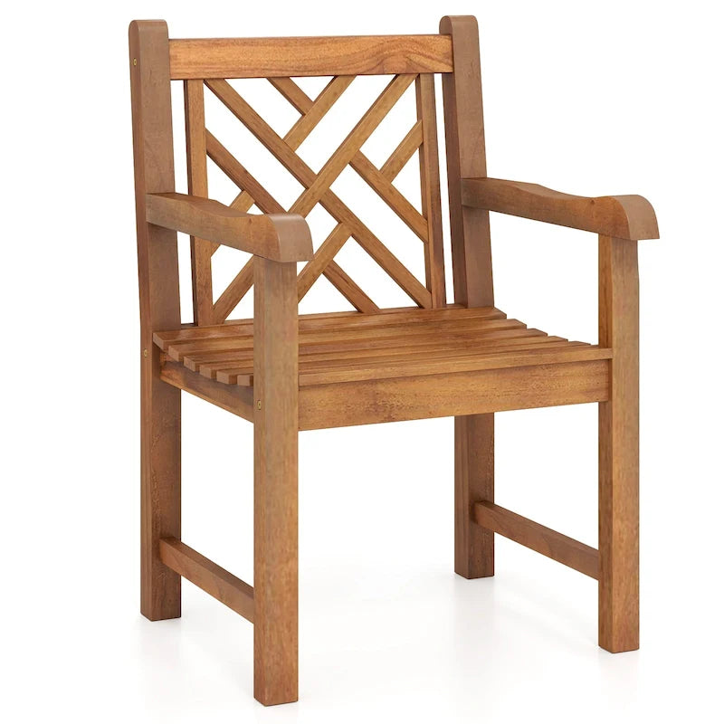 Gymax Teak Wood Patio Dining Chair Outdoor Armchair w/ Slatted Seat &