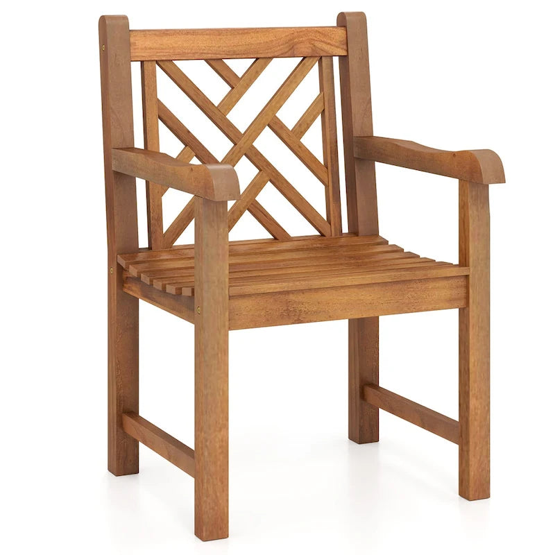 Gymax Teak Wood Patio Dining Chair Outdoor Armchair w/ Slatted Seat &