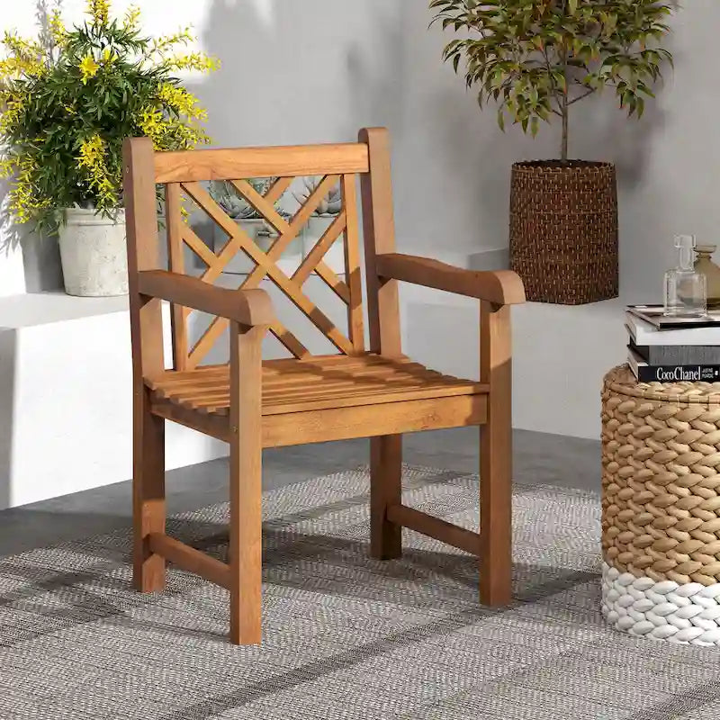 Gymax Teak Wood Patio Dining Chair Outdoor Armchair w/ Slatted Seat &