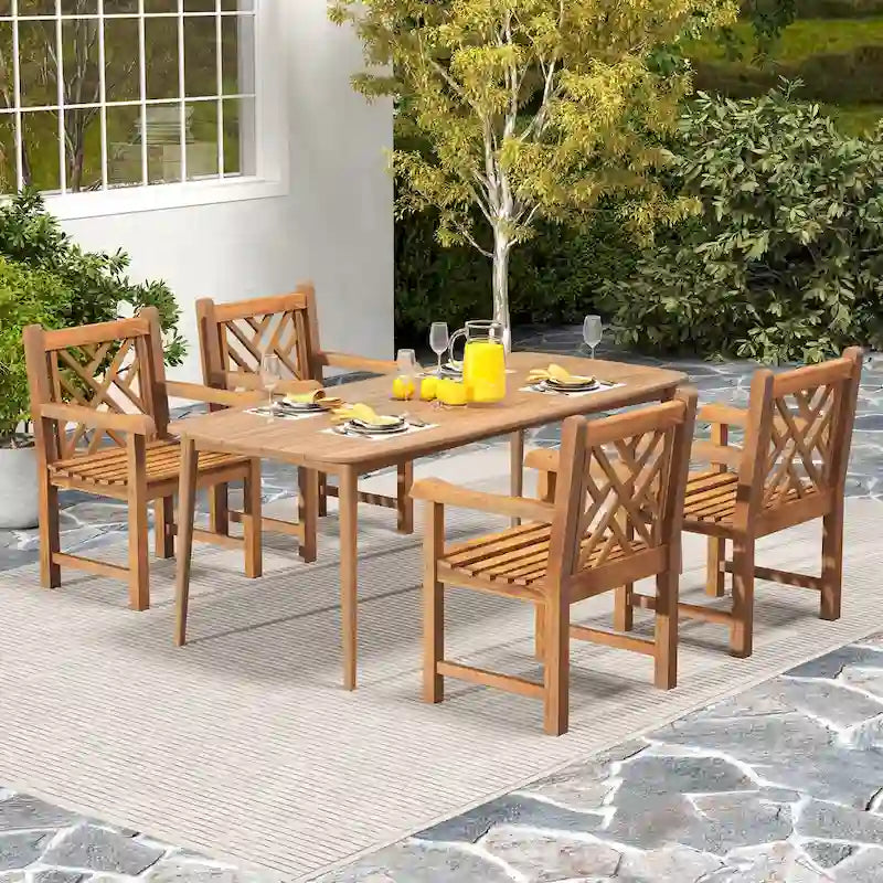Gymax Teak Wood Patio Dining Chair Outdoor Armchair w/ Slatted Seat &