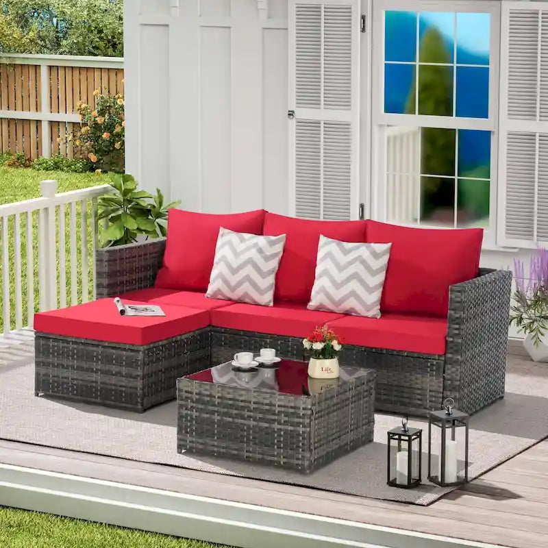 Outdoor Wicker L- Shaped 3-Seat Sofa Set with Ottoman and Coffee Table