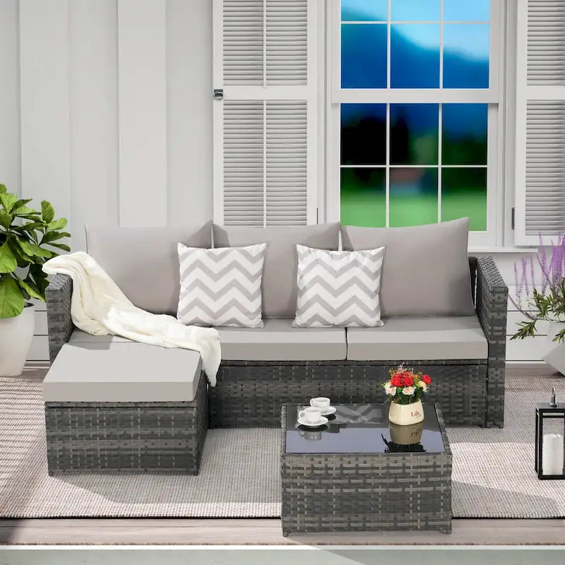 Outdoor Wicker L- Shaped 3-Seat Sofa Set with Ottoman and Coffee Table