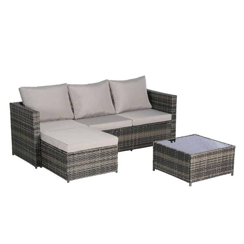 Outdoor Wicker L- Shaped 3-Seat Sofa Set with Ottoman and Coffee Table
