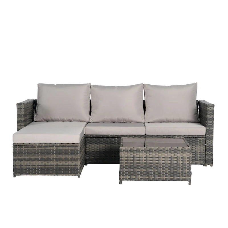 Outdoor Wicker L- Shaped 3-Seat Sofa Set with Ottoman and Coffee Table