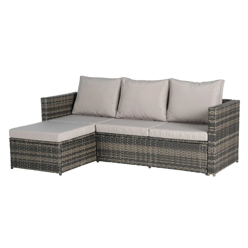 Outdoor Wicker L- Shaped 3-Seat Sofa Set with Ottoman and Coffee Table