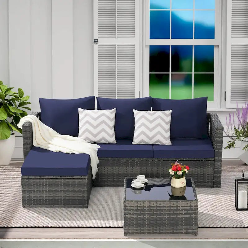 Outdoor Wicker L- Shaped 3-Seat Sofa Set with Ottoman and Coffee Table