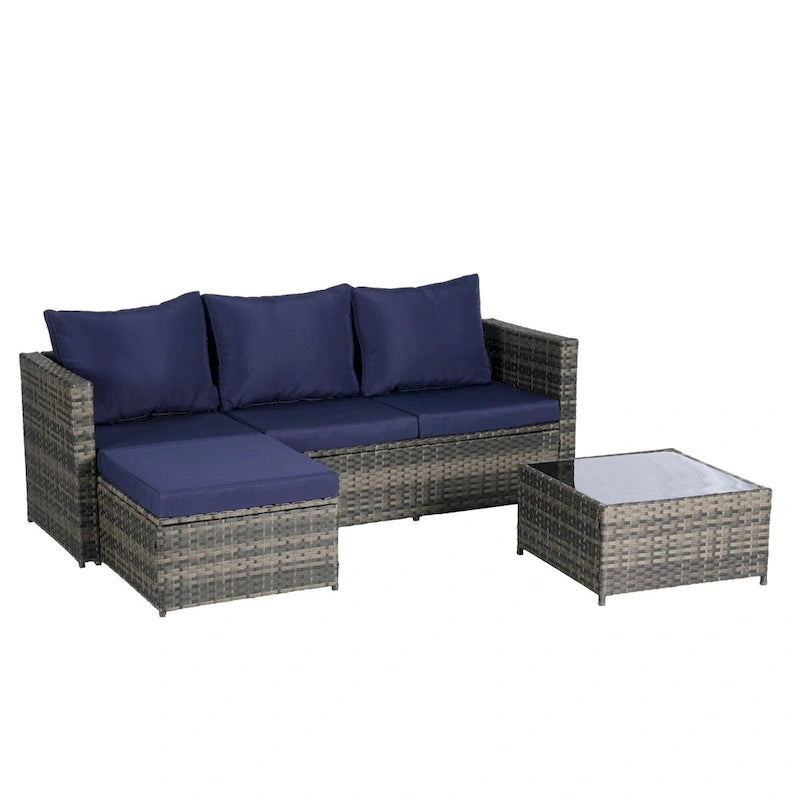 Outdoor Wicker L- Shaped 3-Seat Sofa Set with Ottoman and Coffee Table
